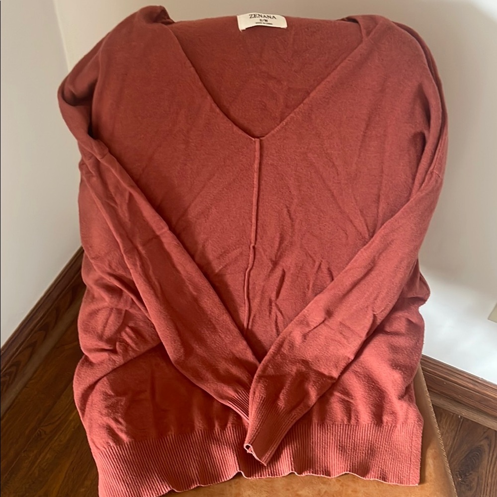Zenana Outfitters Brown V-Neck Sweater Long Sleeve